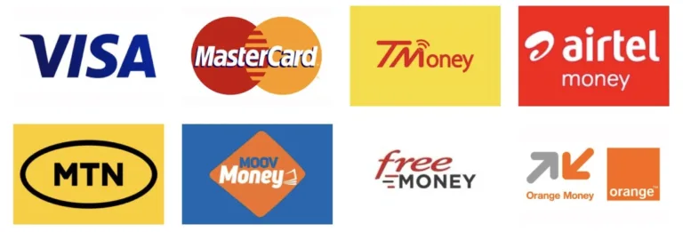 Visa, Mastercard, T-Money, Airtel, MTN, Moov Money, FreeMoney, Orange Money